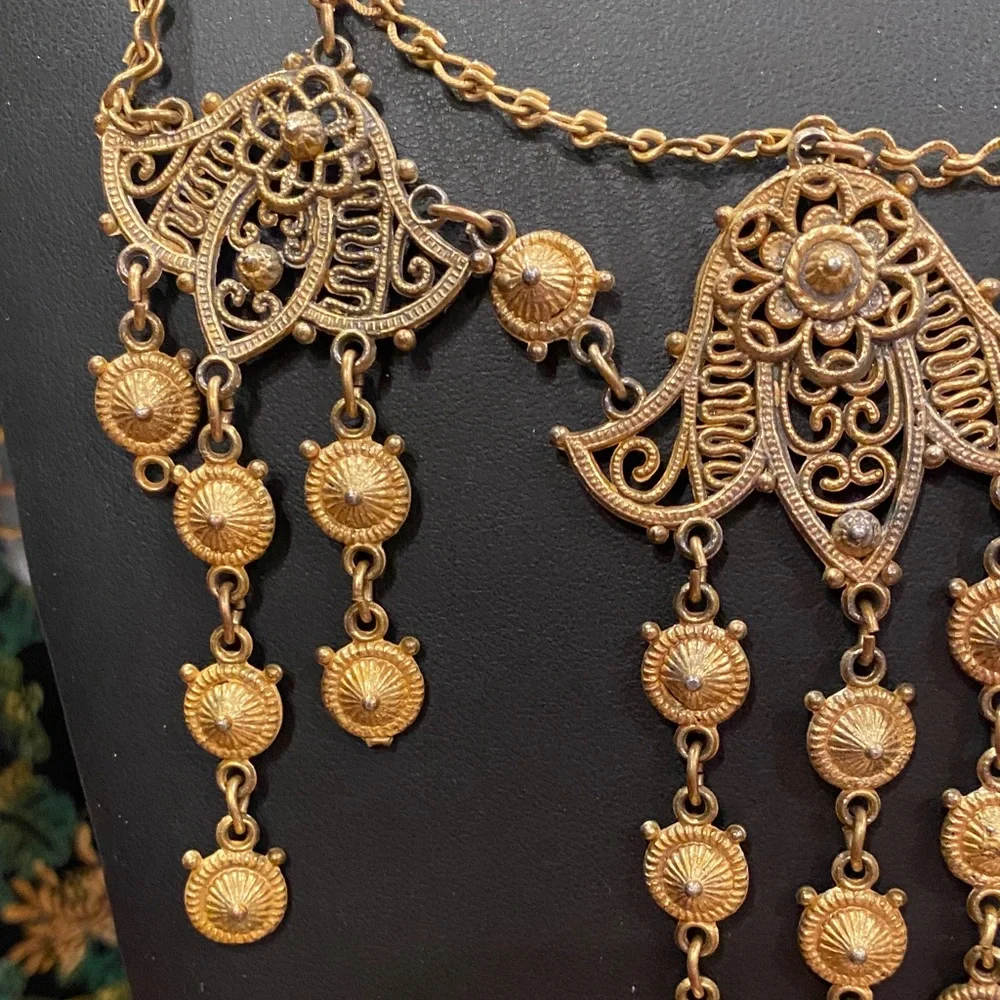 Antique Victorian Etruscan Revival Gold Gilt Filigree Festoon Fringe Necklace - Picture 2 of 13